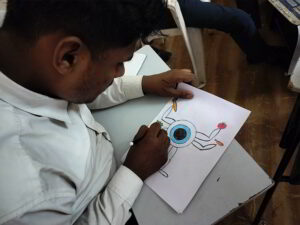 A student is drawing a Eye Sketch activity at Nandadeep Eye hospital